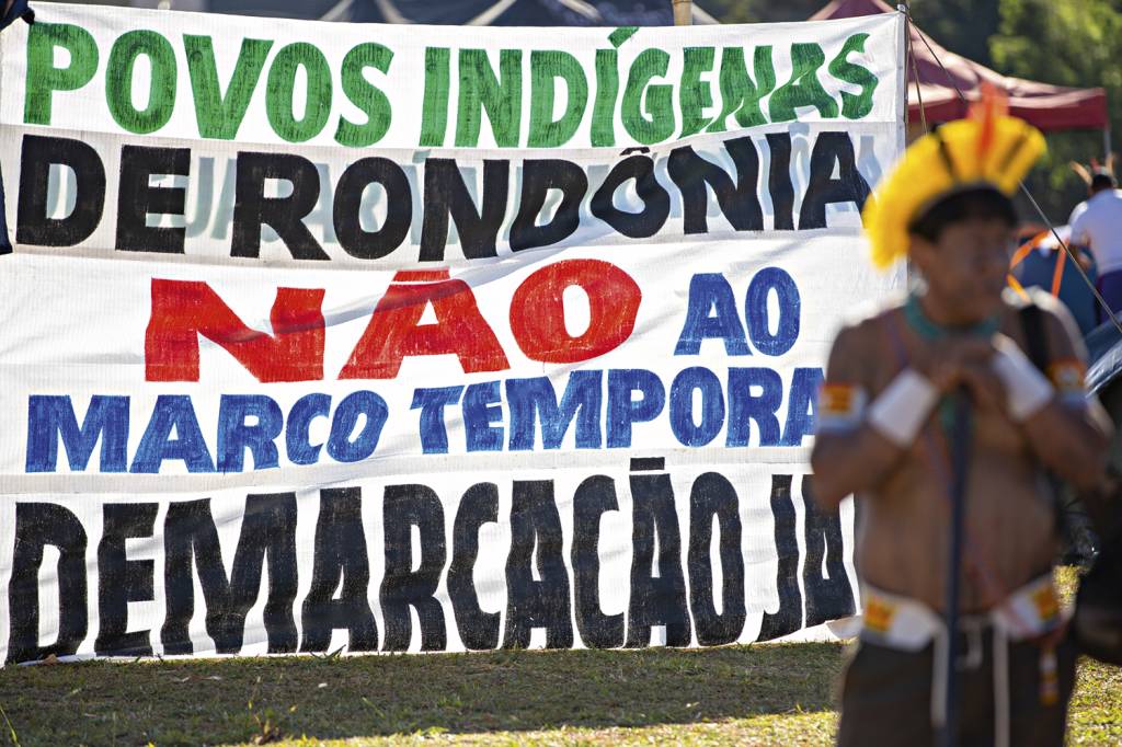 INDIGENAS—ACAMPAMENTO-CONTRA-MARCO-TEMPORAL-6-jun-2023-a.jpg PONTO DE ATRITO - Protesto contra o marco temporal: pressão a favor do projeto pode colocar o agro contra o governo