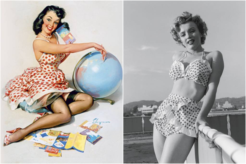 PINUP-1.jpg HISTÓRIA - Entre as pin-ups das revistas (à esq.) e as estrelas do cinema, como Marilyn Monroe, em 1950: a ingenuidade com pegada evidentemente sedutora