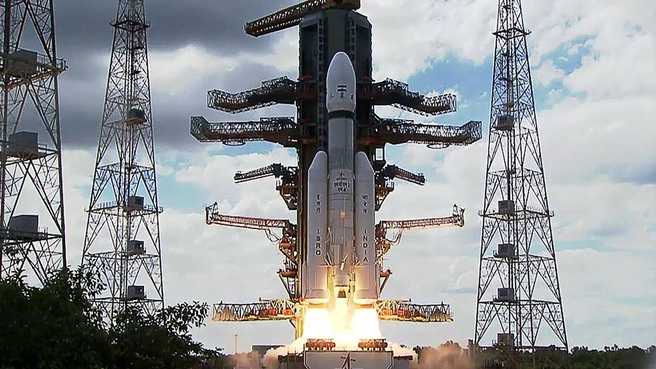This screen grab made from video footage from ISRO via AFPTV taken on July 14, 2023 shows an Indian Space Research Organisation (ISRO) rocket carrying the Chandrayaan-3 spacecraft lifting off from the Satish Dhawan Space Centre in Sriharikota, an island off the coast of southern Andhra Pradesh state. India on July 14 launched a rocket seeking to land an unmanned spacecraft on the surface of the Moon, a live feed showed, its second attempt to become only the fourth country to do so. (Photo by various sources / AFP)