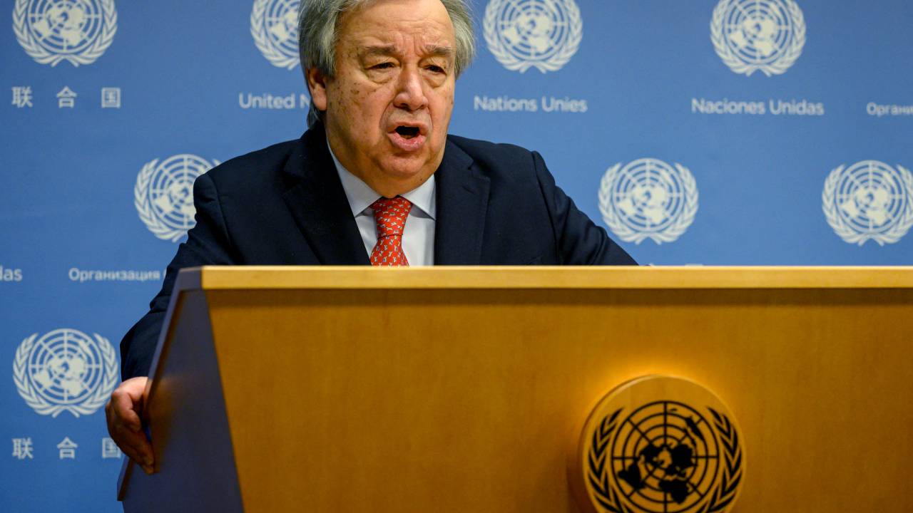 US Secretary-General Antonio Guterres speaks about climate change at UN headquarters in New York City on July 27, 2023. Guterres on Thursday pleaded for immediate radical action on climate change, saying record-shattering July temperatures show Earth has passed from a warming phase into an "era of global boiling." (Photo by Ed JONES / AFP)