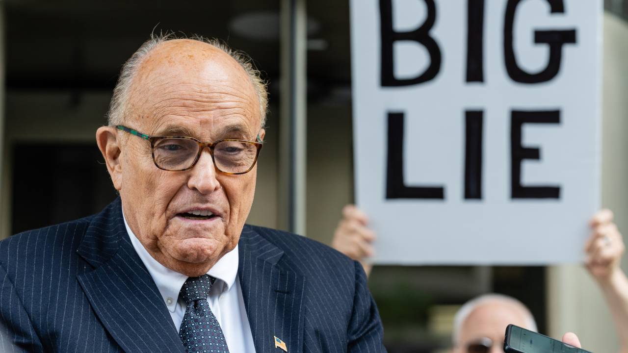 Rudy Giuliani, former lawyer to Donald Trump, speaks to members of the media as he leaves federal court in Washington, DC, US, on Friday, May 19, 2023. Giuliani is facing allegations that he's violated his discovery obligations in a civil suit brought by two Georgia election workers who accused him of defaming them after the 2020 election. Photographer: Eric Lee/Bloomberg via Getty Images