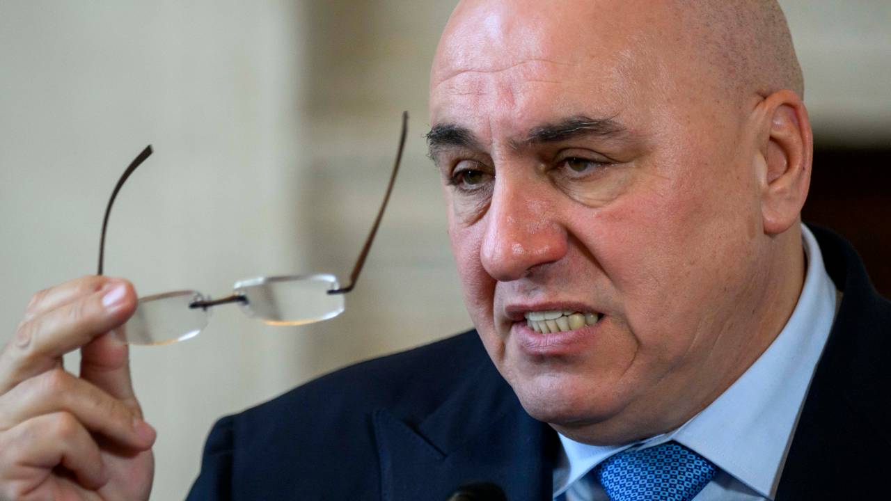 ROME, ITALY - FEBRUARY 09: Italian Defense Minister Guido Crosetto attends a press conference following a roundtable between Italy-UK Foreign Affairs and Defence ministers at Villa Madama, on February 9, 2023 in Rome, Italy. The Foreign Affairs and Defence ministers discussed how the UK and Italy can work more closely together to accelerate support for Ukraine and discourage illegal migration. (Photo by Antonio Masiello/Getty Images)
