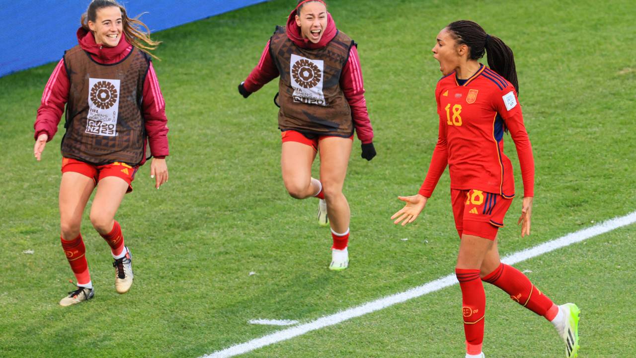 Spain's forward #18 Salma Paralluelo (C) celebrates scoring her team's second goal during the Australia and New Zealand 2023 Women's World Cup quarter-final football match between Spain and the Netherlands at Wellington Stadium on August 11, 2023. (Photo by Grant Down / AFP)