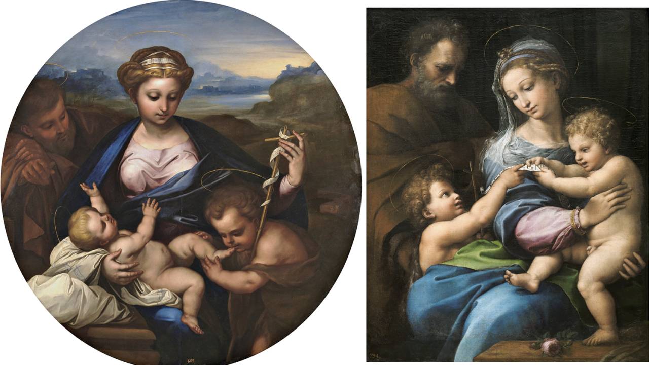 JOGO DOS 7 ERROS - A versão de A Sagrada Família com San Juanito, de Luca Giordano (à esq.), e o original, do renascentista Rafael (à dir.): a Virgem mudou, mas o estilo é o mesmo
