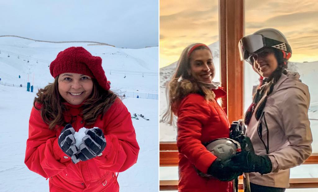 Gislene-Leia-Ester NOVATAS NA PISTA - Gislene (à esq.), de São Paulo, e Leia com a filha Ester, de Salvador: contato direto com o gelo