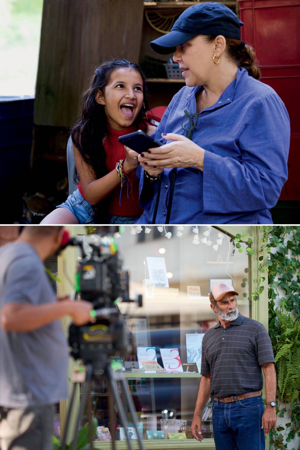 Netflix-Novelas NOVELINHA - A protagonista Marianna Santos com Isabela Garcia (acima) e Marcos Pasquim no set de Luz: produção família