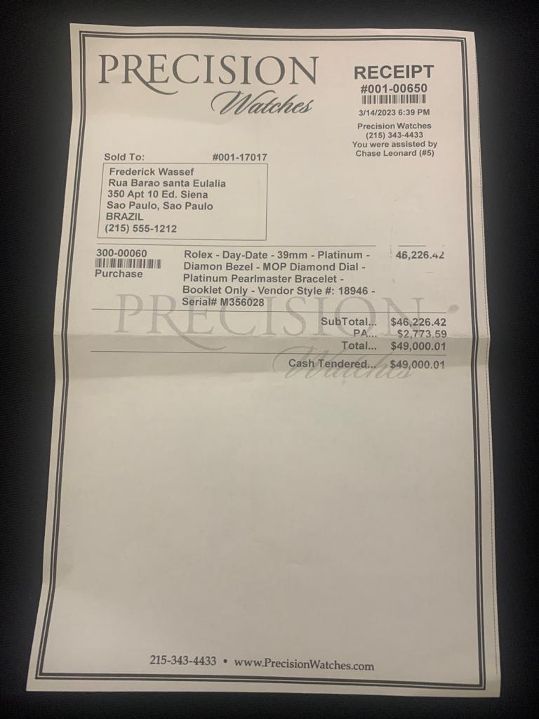 Wassef 1 Documento de compra de relógio Rolex pelo advogado Frederick Wasseff em loja dos EUA