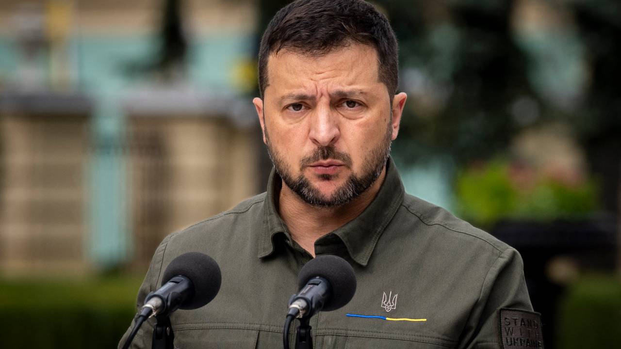 Ukrainian President Volodymyr Zelensky addresses the media during a joint press conference with Denmarks Prime Minister Mette Frederiksen (not pictured) outside the presidential palace following their meeting in Kyiv, on September 6, 2023. (Photo by Ida Marie Odgaard / Ritzau Scanpix / AFP) / Denmark OUT