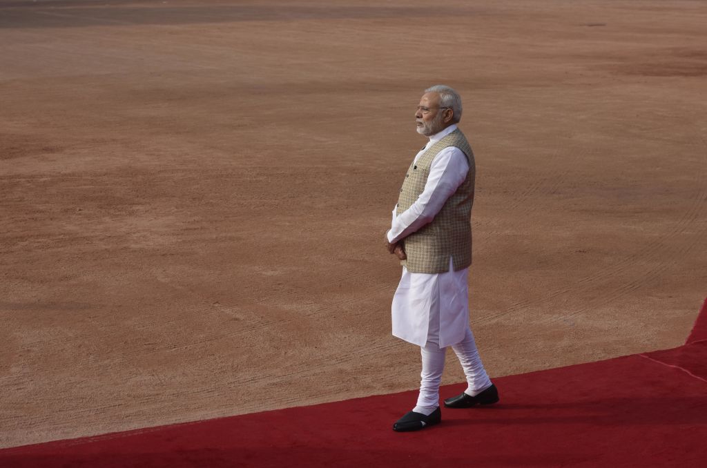 NEW DELHI, INDIA - FEBRUARY 23: PM Narendra Modi at the ceremonial reception Canadian Prime Minister Justin Trudeau at Rashtrapati Bhawan on February 23, 2018 in New Delhi, India. India and Canada signed six agreements today, including one on energy cooperation, as Prime Minister Narendra Modi met with his Canadian counterpart Justin Trudeau, five days after he and his family landed in India. (Photo by Vipin Kumar/Hindustan Times via Getty Images)