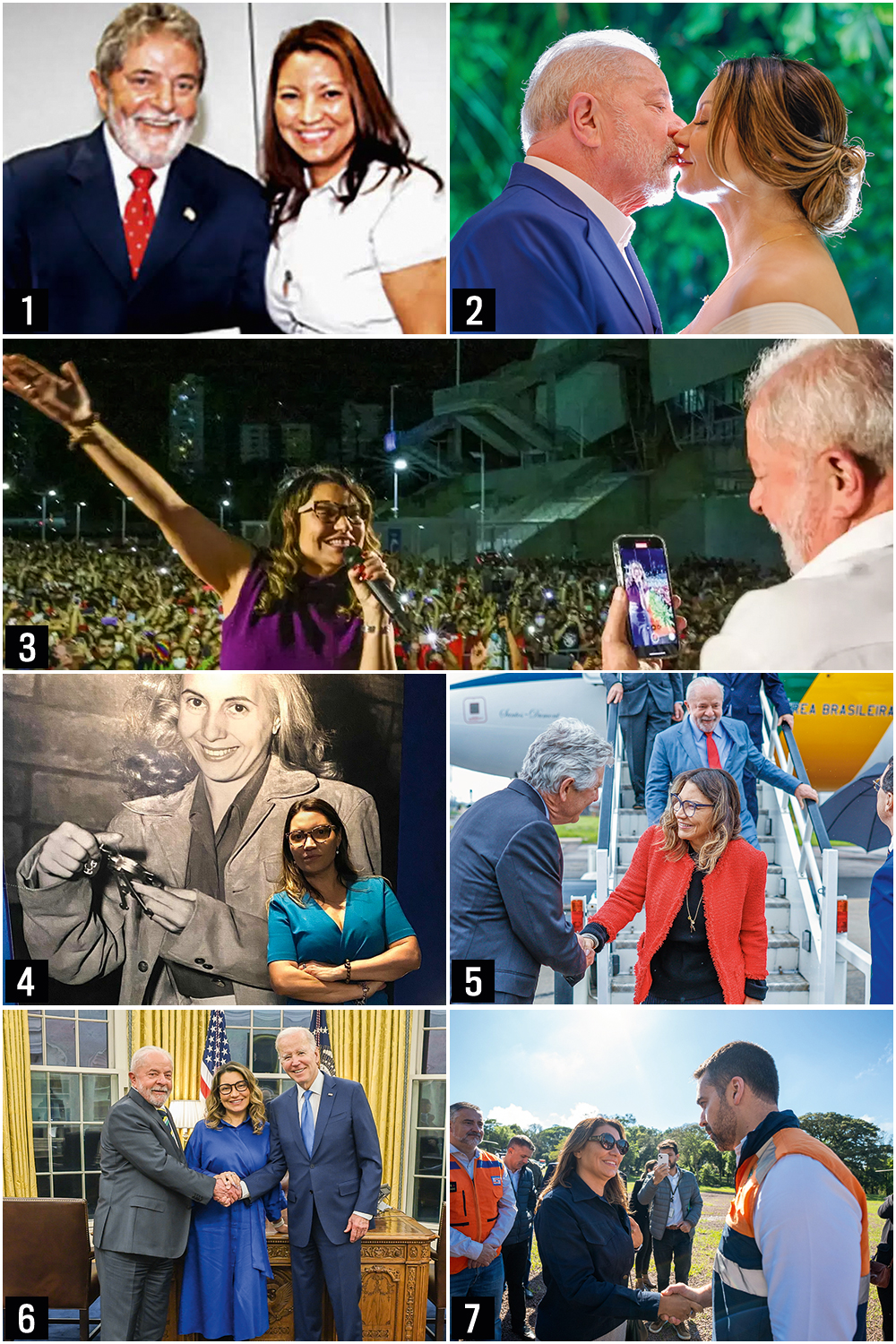 2a-D-1-LULA—ROSANGELA.jpg AGENDA ESTRELADA - 1 — Lula, durante o seu segundo mandato, em 2009, e Janja, então funcionária de Itaipu Binacional; 2 — Os dois se casaram no ano passado, depois de quatro anos e meio de namoro que começou meses antes de o petista ser preso na Lava-Jato; 3 — Na campanha, ela participava de reuniões e comícios, discutia estratégias, dava palpites na comunicação, revisava discursos e cuidava da agenda do candidato; 4 — A primeira-dama disse que tem a argentina Evita Perón como inspiração; 5 — Em viagem a Londres, no início do ano, chamou atenção ao desembarcar na frente do marido; 6 — Nos Estados Unidos, produziu uma cena insólita ao se posicionar entre Lula e o presidente americano Joe Biden na hora da fotografia; 7 — Como representante do governo em viagem ao Rio Grande do Sul na semana passada, liderou incursão que rendeu uma grande polêmica