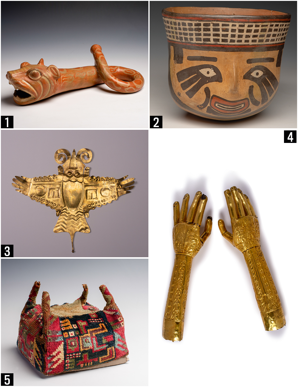 2a-D-5-DSC4950.jpg DIVERSIDADE - Trombeta com cara de felino e corpo de cobra (1), vaso com carranca humana (2), penacho que mescla ave e morcego (3), as luvas de ouro (4) e um chapéu de tecido (5): povos que impressionavam na metalurgia e outras técnicas
