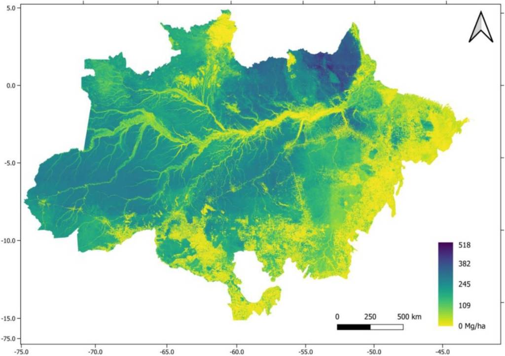 50006 Distribuição da biomassa situada acima do solo na Amazônia, em toneladas por hectare. Note-se a concentração relativamente mais baixa ao longo dos rios e riachos, cercados por vegetação ripária