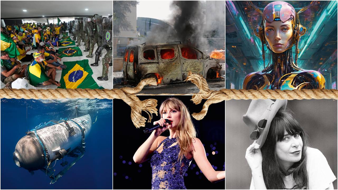 AGITAÇÃO - A estupidez golpista do 8 de Janeiro (à esq.), o terrorismo do Hamas na guerra contra Israel, os robôs de IA, o naufrágio do Titan, a tragédia da jovem morta durante o show de Taylor Swift e o adeus a Rita Lee: uma temporada sem igual