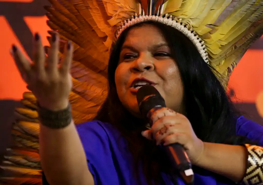 A ministra dos Povos Indígenas, Sonia Guajajara, durante abertura do Festival Brasil É Terra Indígena, no Museu Nacional da República, em Brasília