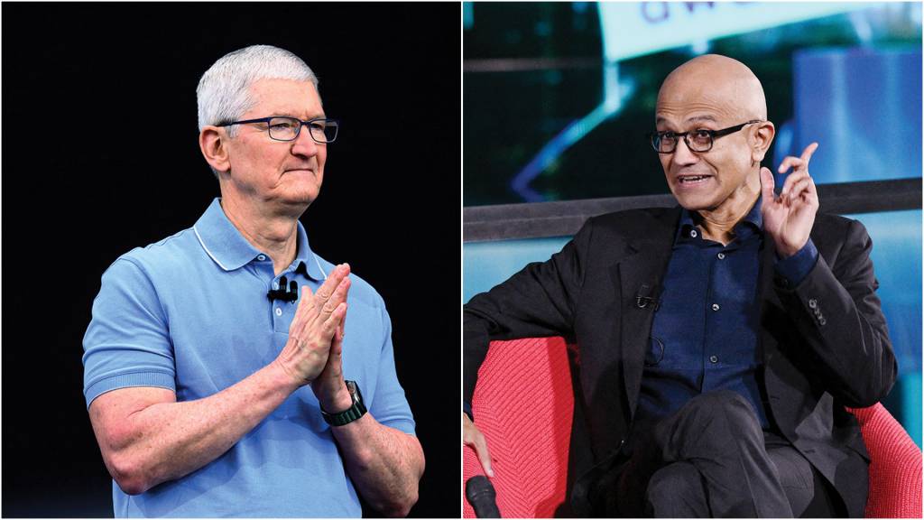 000_33GZ9U2.jpg LIDERANÇA - Cook (à esq.), CEO da Apple, e Nadella, da Microsoft: corrida pela IA