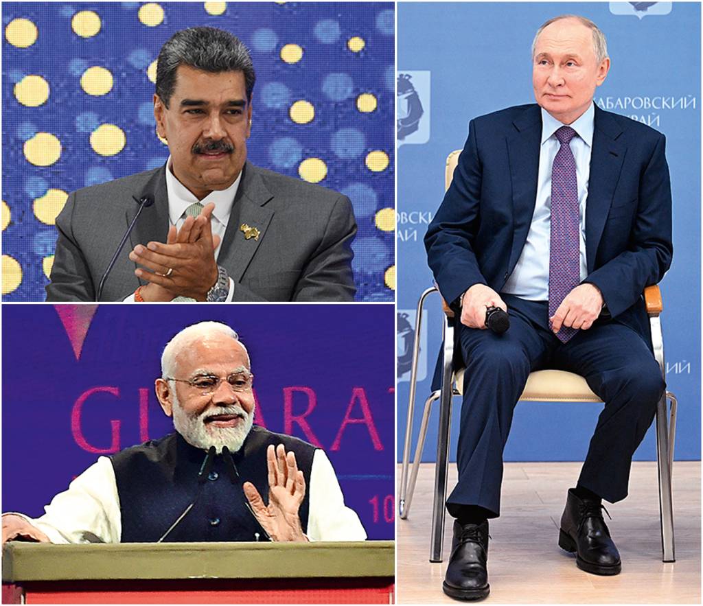 GettyImages-1821776955.jpg AMEAÇA AUTORITÁRIA - O ditador venezuelano Nicolás Maduro, o populista Modi (de barba) e o todo-poderoso “czar” Putin (à dir.): o voto não resolve todos os problemas