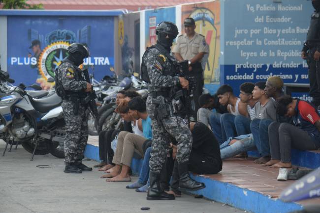 GUAYAQUIL, ECUADOR - JANUARY 10: Police present detainees in the case of TC Televisión on January 10, 2024 in Guayaquil, Ecuador. President Noboa declared 