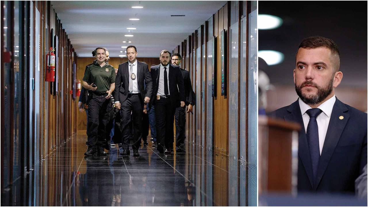 A POLÍCIA VEM AÍ - Agentes da PF na Câmara (à esq.) em ação contra o deputado Carlos Jordy (à dir.): busca e apreensão nos endereços do líder da oposição fez subir o tom das críticas ao STF