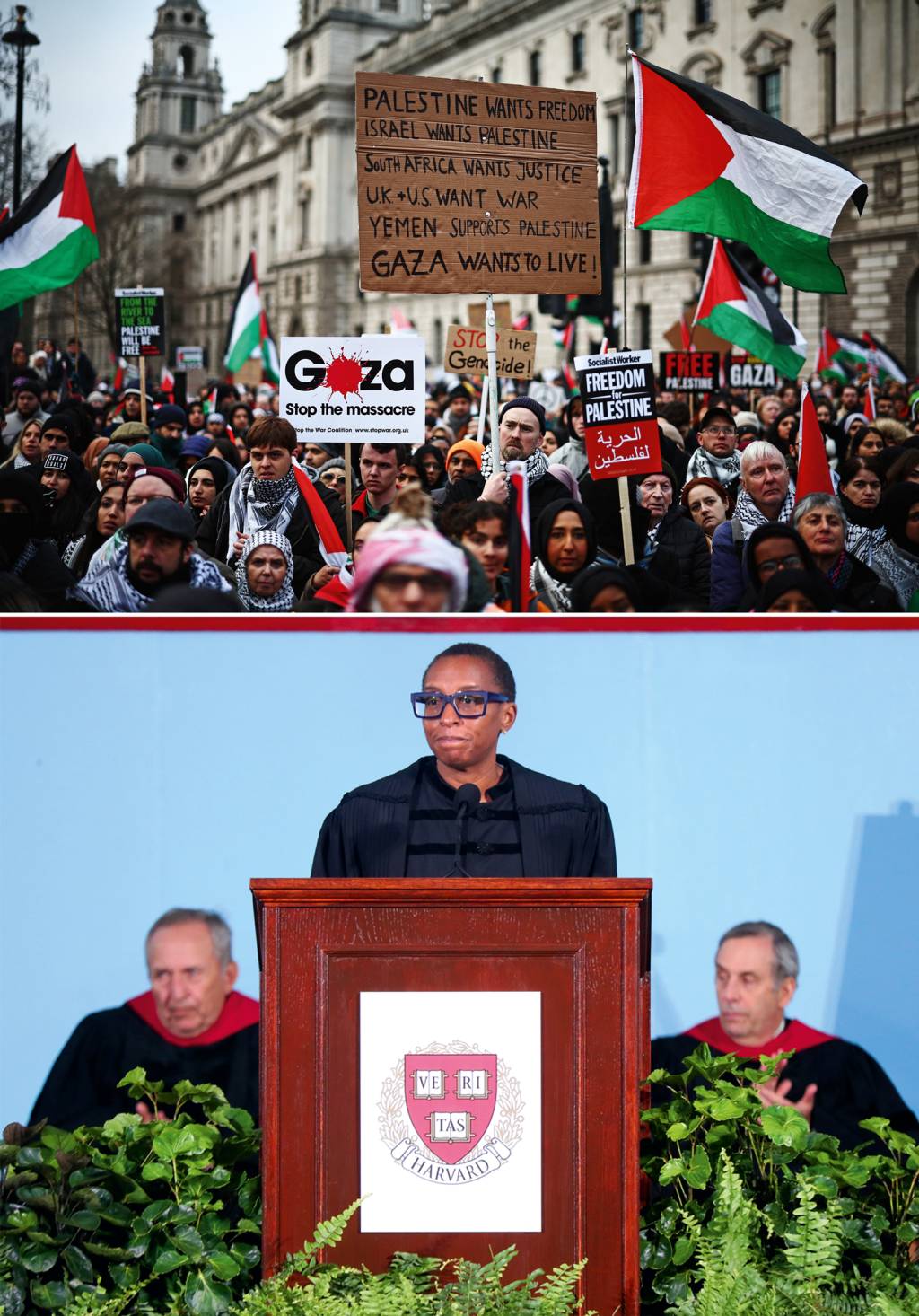 000_34EV3NW.jpg UM LADO SÓ - Ato pró-Palestina (acima) e Claudine Gay, de Harvard: nada de condenar o antissemitismo