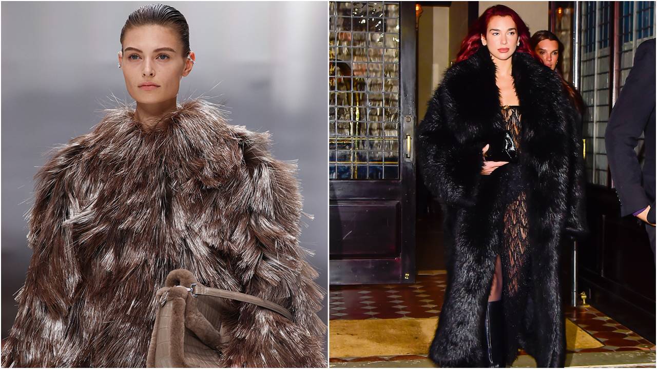 MUNDO REAL - Desfile da Fendi na Semana de Moda de Paris e a cantora Dua Lipa (à dir.): indevida e deslocada ostentação com sobretudos vistosos