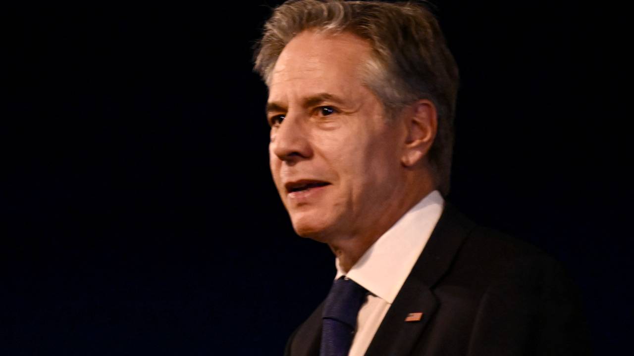 US Secretary of State Antony Blinken gestures on arrival at Brasília Air Base, Brazil, on February 20, 2024. Blinken is on a three-day visit to the country, where he will meet President Luiz Inácio Lula da Silva and take part in the G20 Foreign Ministers meeting. (Photo by EVARISTO SA / AFP)