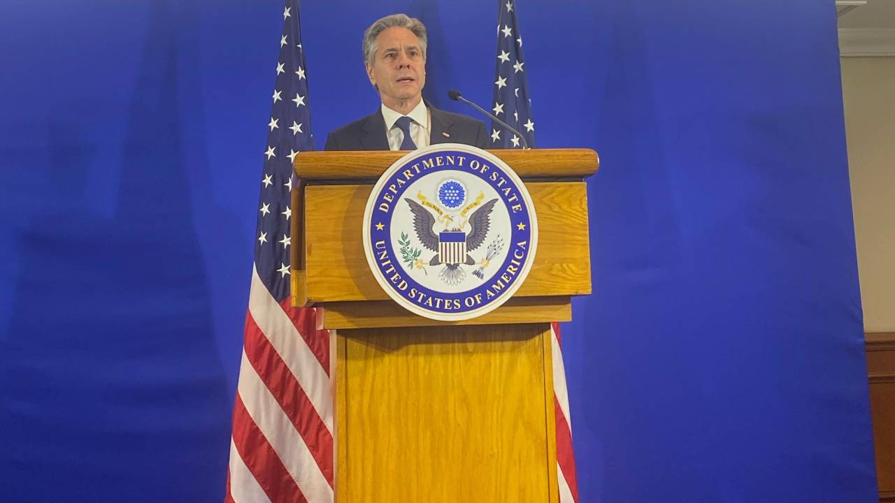 O secretário de Estado dos Estados Unidos, Antony Blinken, dá coletiva de imprensa após reunião dos chanceleres do G20, no Rio de Janeiro. 22/02/2024 -
