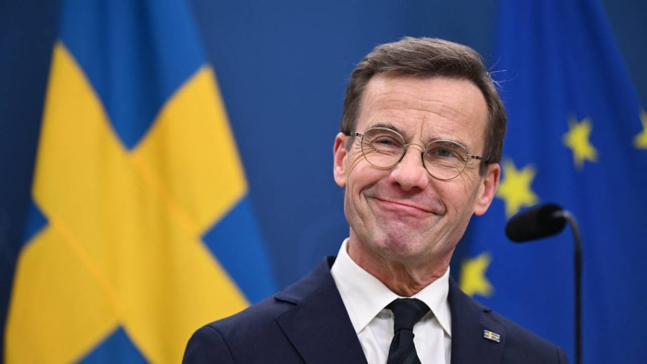 Sweden's Prime Minister Ulf Kristersson attends a press conference after Hungary's parliament has voted yes to ratify Sweden's NATO accession, in Stockholm, Sweden, on February 26, 2024. Swedish Prime Minister Ulf Kristersson said it was a "historic day," after Hungary's parliament ratified Sweden's NATO bid, clearing the final obstacle for the Nordic country to join the military alliance. (Photo by Jonathan NACKSTRAND / AFP)