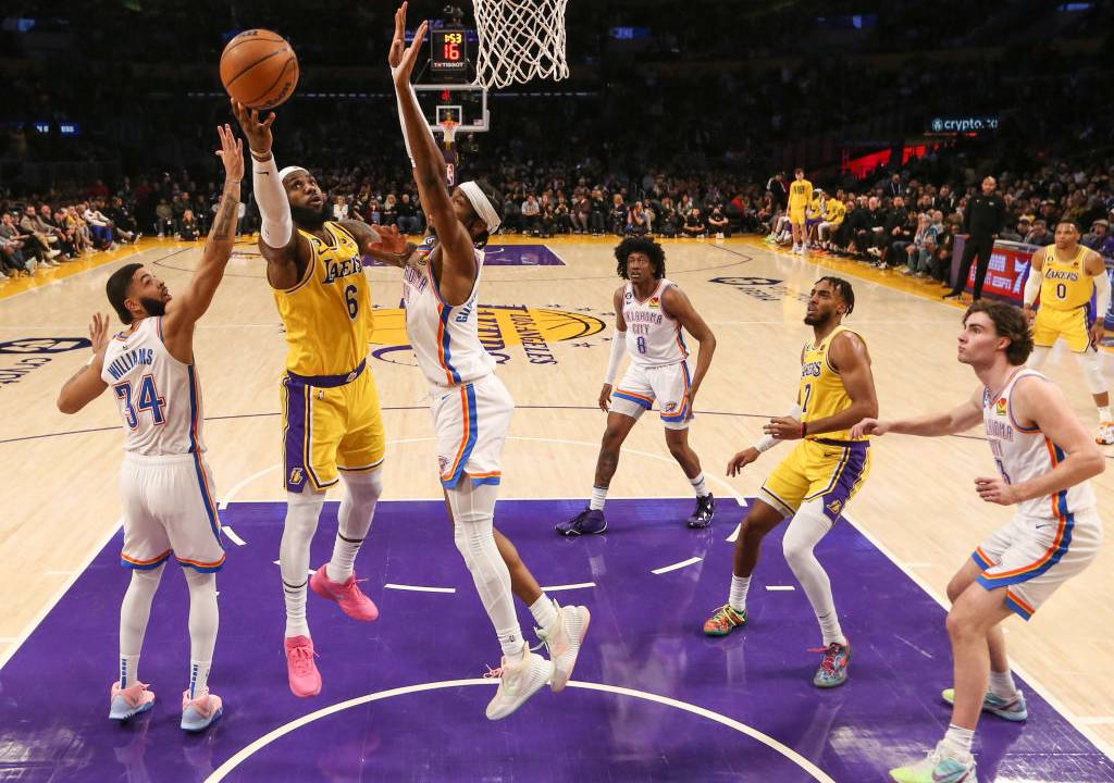 Los Angeles, CA, Tuesday, February7, 2023 - LeBron James scores two points late in the game after attaining the NBA scoring title during a game against the Oklahoma City Thunder at Crypto.com Arena. (Robert Gauthier/Los Angeles Times via Getty Images)