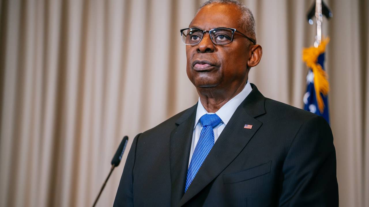 RAMSTEIN-MIESENBACH, GERMANY - MARCH 19: U.S. Defence Secretary Lloyd Austin talks to the media at the seventh gathering of the Ukraine Defence Contact Group at Ramstein air base on March 19, 2024 in Ramstein-Miesenbach, Germany. Representatives from dozens of nations that have pledged military support to Ukraine are meeting as Ukrainian forces are facing dire shortfalls of munitions in their ongoing conflict against invasive Russian troops. (Photo by Thomas Niedermueller/Getty Images)