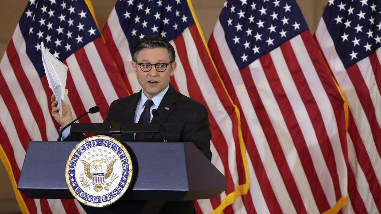WASHINGTON, DC - MARCH 21: U.S. Speaker of the House Rep. Mike Johnson (R-LA) speaks during a Congressional Gold Medal presentation ceremony at the Emancipation Hall of the Capitol Visitor Center on March 21, 2024 on Capitol Hill in Washington, DC. The Congressional Gold Medal ceremony was held to honor the 23rd Headquarters Special Troops and the 3133rd Signal Services Company, known collectively as the Ghost Army. (Photo by Alex Wong/Getty Images)