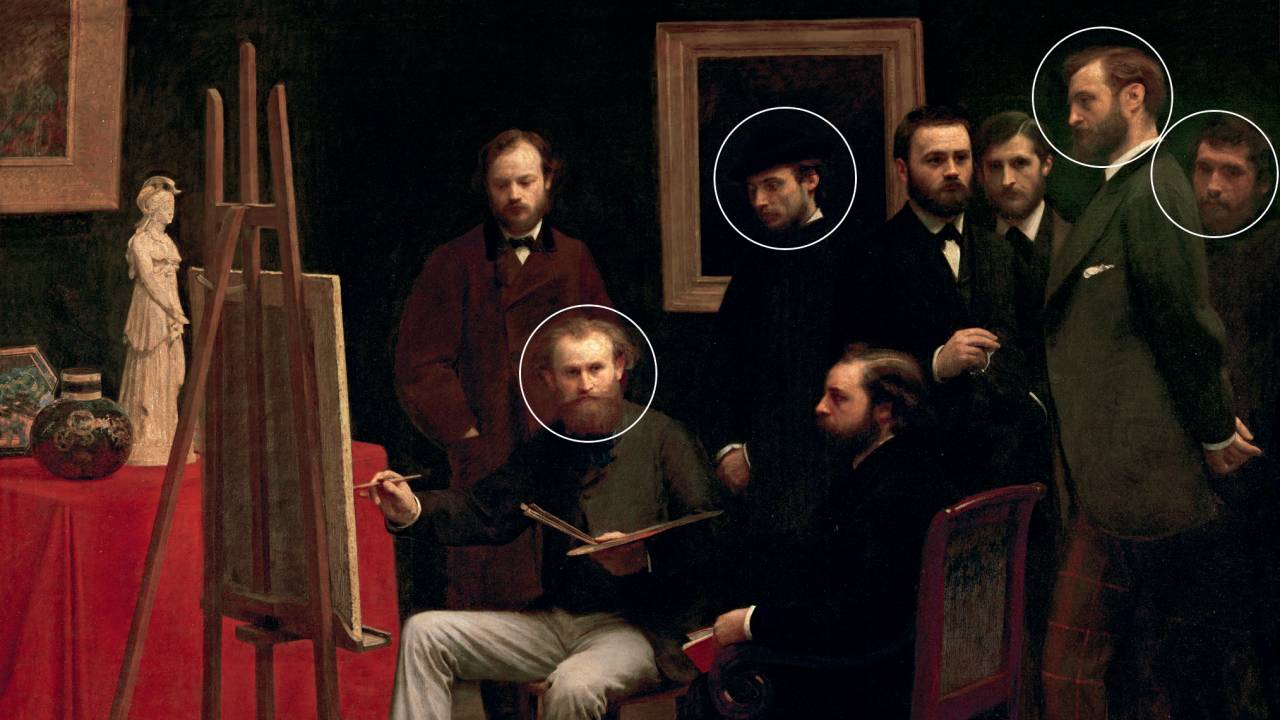 TURMA REUNIDA - Pintura de Fantin-Latour, de 1870: entre expoentes do impressionismo (da esq. para a dir., assinalados), Manet, o dono do estúdio retratado e espécie de mestre do grupo, observado por Renoir, Frédéric Bazille e Claude Monet