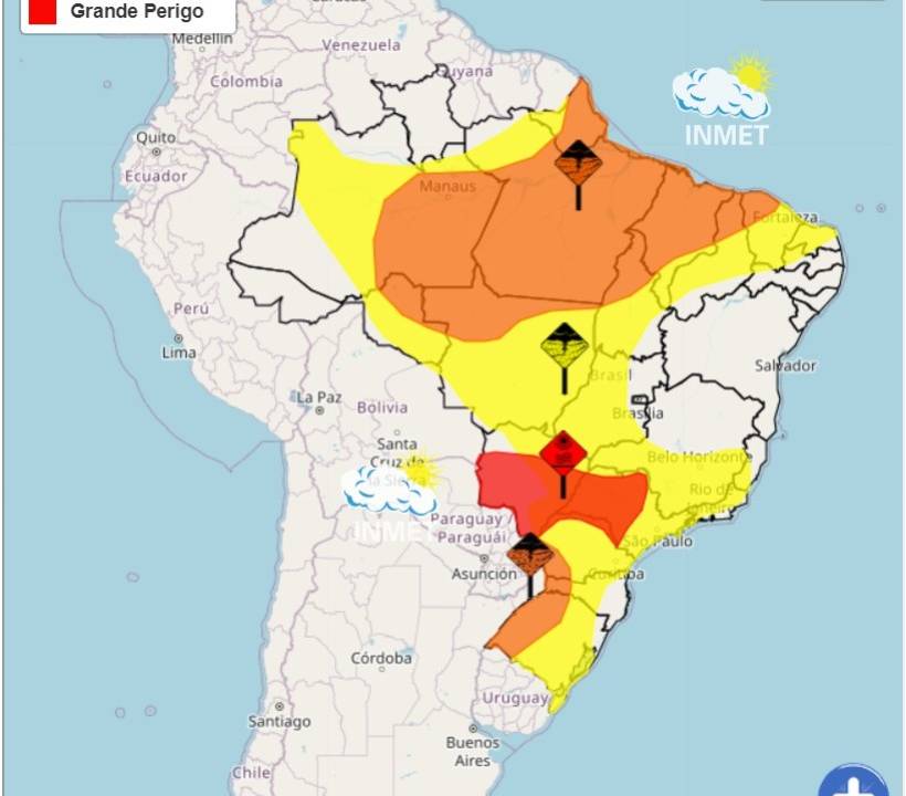 Mapa de riscos climáticos representando áreas com grande perigo de onda de calor (vermelho), perigo de chuvas intensas e tempestades (laranja) e perigo potencial de chuvas (amarelo)