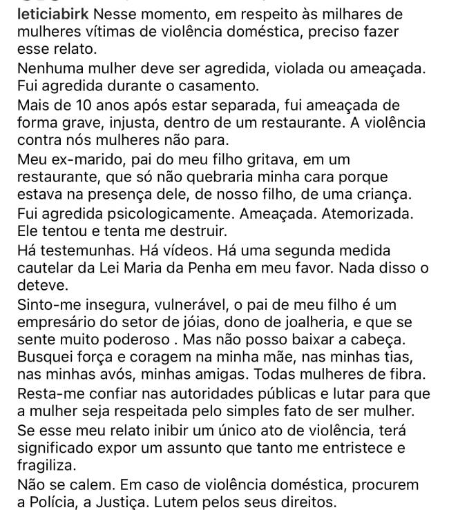 texto letícia birkheuer Letícia Birkheuer, no Instagram