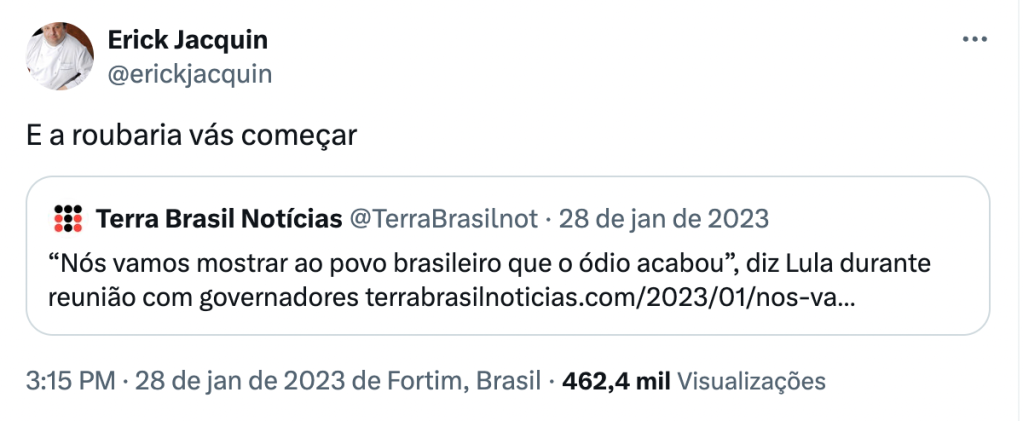 Comentário de Erick Jacquin no Twitter