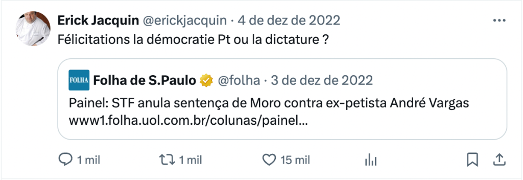 tuite-jacquin Comentário de Erick Jacquin no Twitter