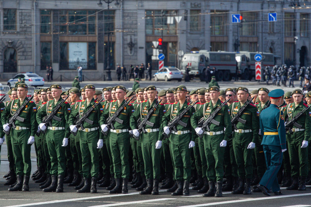 ST PETERSBURG, RUSSIA - 2023/05/07: Russian military servicemen before the start of the dress rehearsal for the Victory Day Parade at the Palace Square. Russia will celebrate the 78th anniversary of the complete and final victory in the Great Patriotic War over Nazi Germany. Victory Day will be celebrated in many cities of the country on May 9. The main celebration will be in St. Petersburg and Moscow. (Photo by Artem Priakhin/SOPA Images/LightRocket via Getty Images)