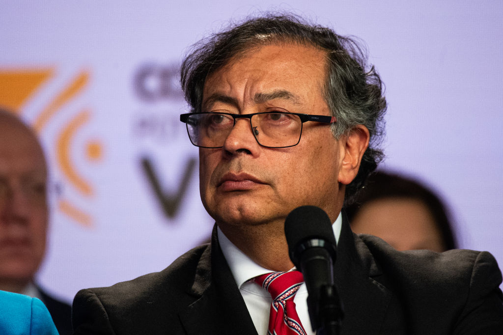 Colombian President Gustavo Petro is speaking during a press conference in Bogota, Colombia, on February 8, 2024, after a meeting with the United Nations Security Council regarding the advancements made on Colombia's 2016 peace process and the new ongoing process. (Photo by Sebastian Barros/NurPhoto via Getty Images)
