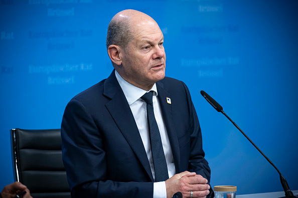 Chanceler da Alemanha, Olaf Scholz, durante uma coletiva de imprensa depois do final do segundo dia da Cimeira do Conselho Europeu. 22/03/2024