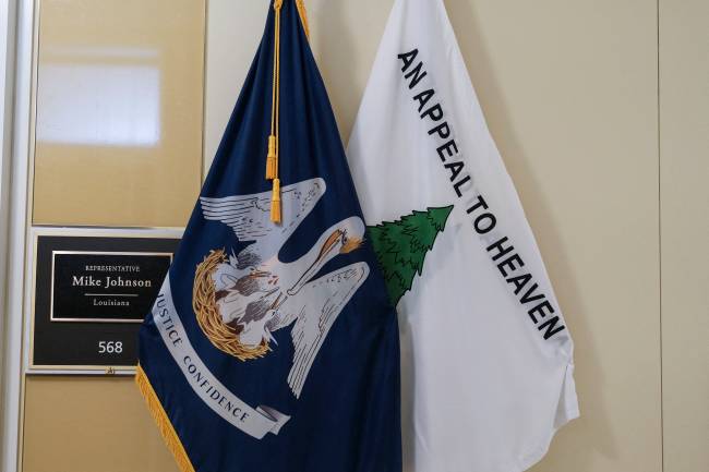 Appeal to Heaven Flag Outside of Speaker of the House Mike Johnson Office WASHINGTON, DC - MAY 23: An