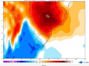 Imagem divulgada pelo Metsul mostra choque entre massa de ar quente (vermelho) e fria (azul)