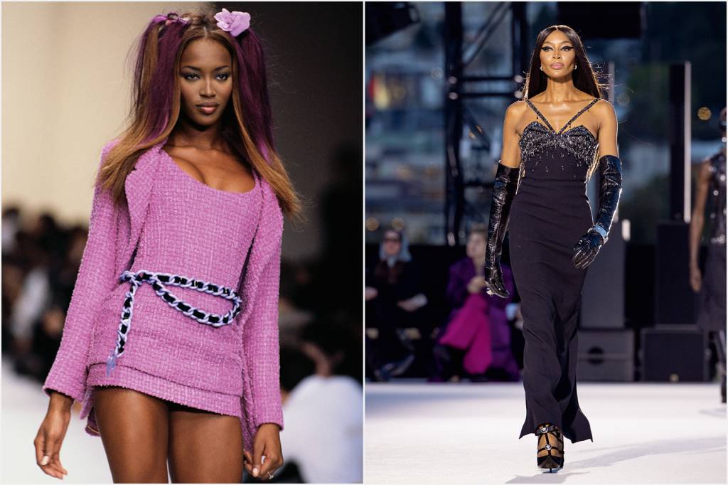 GettyImages-524868326.jpg ANOS 1990 - Pioneira: primeira negra a se destacar em desfiles como Chanel (à esq.) e Versace