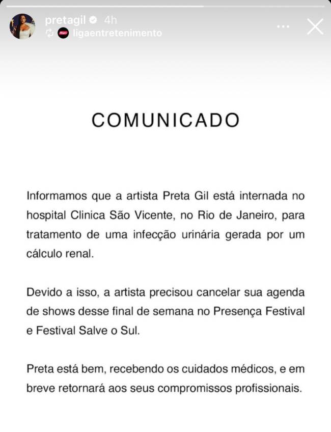 Internação e cancelamento de shows: nota foi divulgada nas redes sociais de Preta Gil