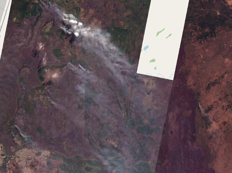 Imagem de satélite mostra incêndio no Pantanal, no município de Corumbá (MS)