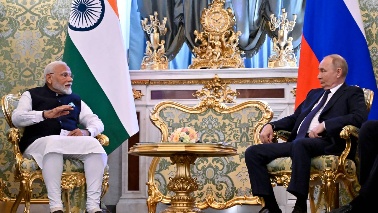 Encontro entre o presidente russo Vladimir Putin e o primeiro-ministro indiano Narendra Modi em Moscou. 09/07/2024
