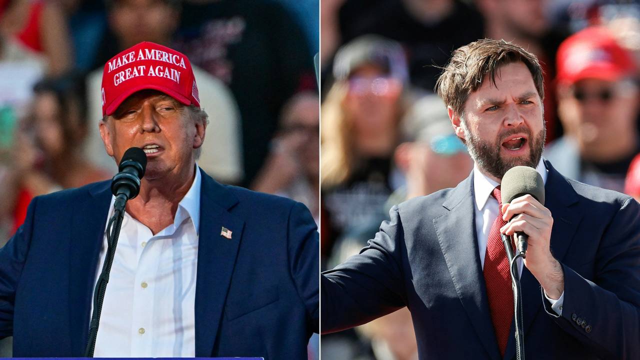 (COMBO) This combination of pictures created on July 15, 2024 shows Former US President and Republican presidential candidate Donald Trump in Doral, Florida, on July 9, 2024 and US Senator JD Vance, Republican of Ohio, in Vandalia, Ohio, on March 16, 2024. Donald Trump on July 15 named right-wing Ohio Senator J.D. Vance as his running mate in the US presidential election, rewarding a one-time harsh critic who became one of his most loyal supporters in Congress. Trump unveiled his pick on Truth Social as supporters gathered in Milwaukee for the Republican Party convention, an extravaganza turbocharged by the attempted assassination of the former president. (Photo by Giorgio Viera and KAMIL KRZACZYNSKI / AFP)