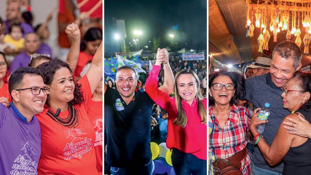 COMPANHEIROS - Da esq. para a dir., Rafael Ribeiro, pré-candidato do União Brasil, em ato petista em Parauapebas (PA); Matheus do Waguinho (Republicanos) com a ex-ministra Daniela Carneiro, em Belford Roxo (RJ); e Keko do Armazém (PP), em Cabo de Santo Agostinho (PE): conjunto de alianças pragmáticas
