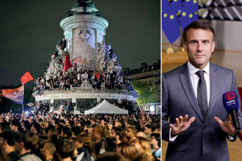 78588293 ALTO RISCO - Manifestação em Paris contra o avanço da ultradireita: Macron (à dir.) aposta no segundo turno para impor nova derrota a Marine Le Pen
