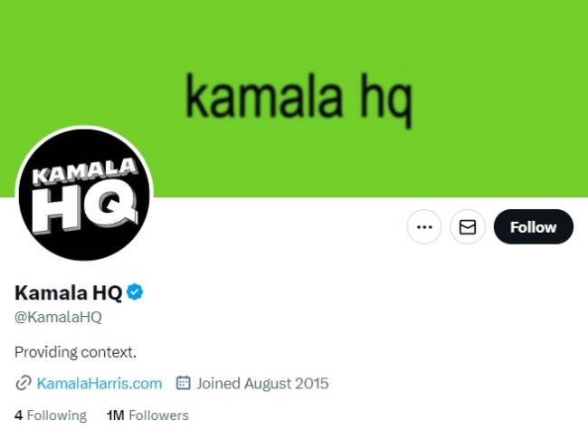 Perfil oficial da campanha de Kamala Harris no X