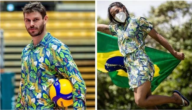 Toquio 2021_look com estampa tropical e chinelo no pé Toquio 2021_look com estampa tropical e chinelo no pé
