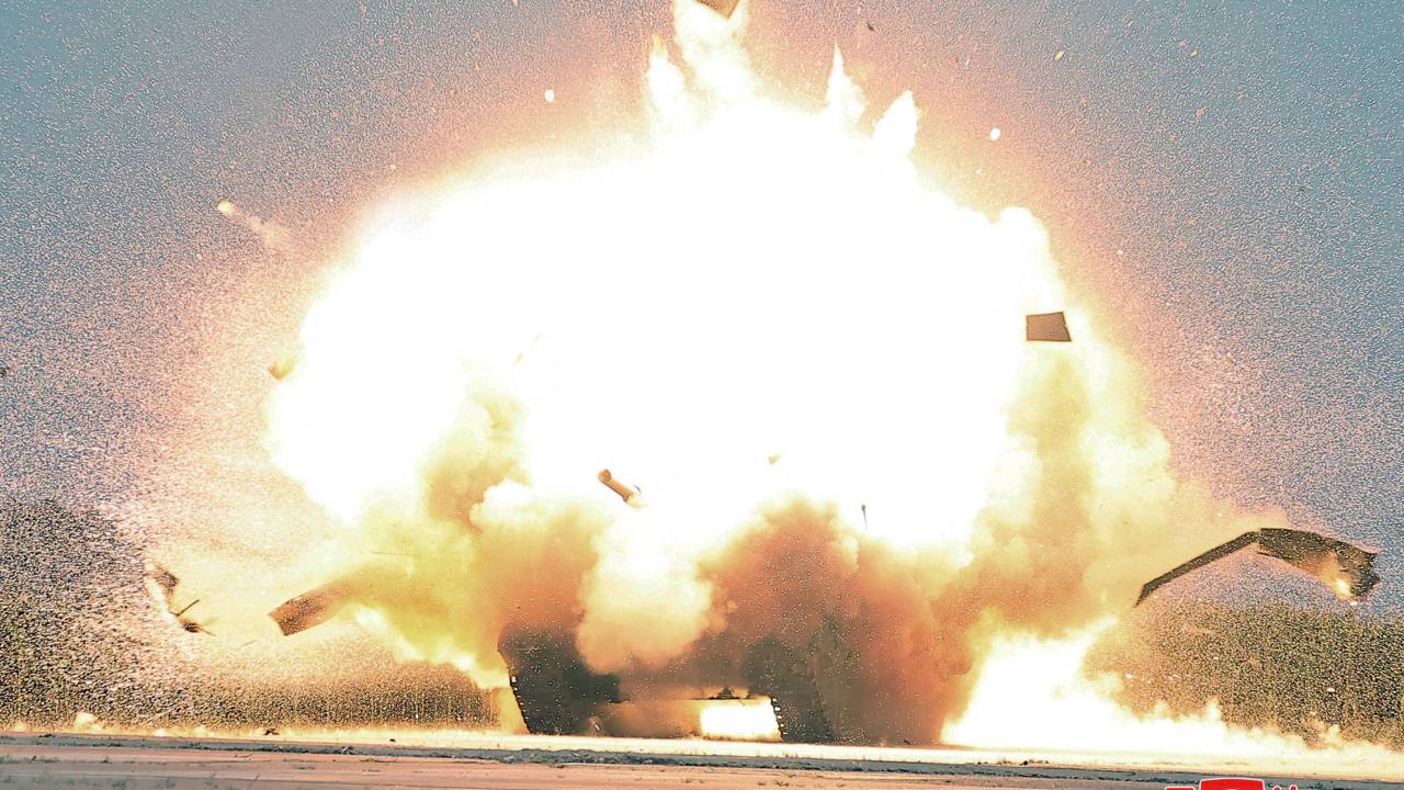 This photo taken on August 24, 2024 and released by North Korea's official Korean Central News Agency (KCNA) on August 26 shows a target exploding during a performance test of a drone organised by the Drone Institute of the Academy of Defence Sciences at an undisclosed location in North Korea. (Photo by KCNA VIA KNS / AFP) / South Korea OUT / ---EDITORS NOTE--- RESTRICTED TO EDITORIAL USE - MANDATORY CREDIT "AFP PHOTO/KCNA VIA KNS" - NO MARKETING NO ADVERTISING CAMPAIGNS - DISTRIBUTED AS A SERVICE TO CLIENTS THIS PICTURE WAS MADE AVAILABLE BY A THIRD PARTY. AFP CAN NOT INDEPENDENTLY VERIFY THE AUTHENTICITY, LOCATION, DATE AND CONTENT OF THIS IMAGE. /